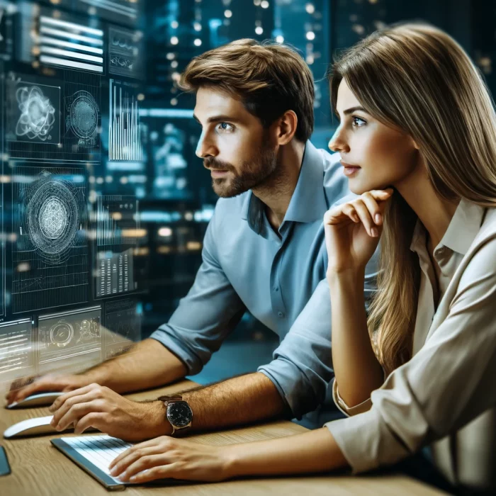 DALL·E 2024-05-01 22.09.09 - An image depicting two people, a Caucasian man and a Caucasian woman, working together at a computer in a modern high-tech office environment. The man